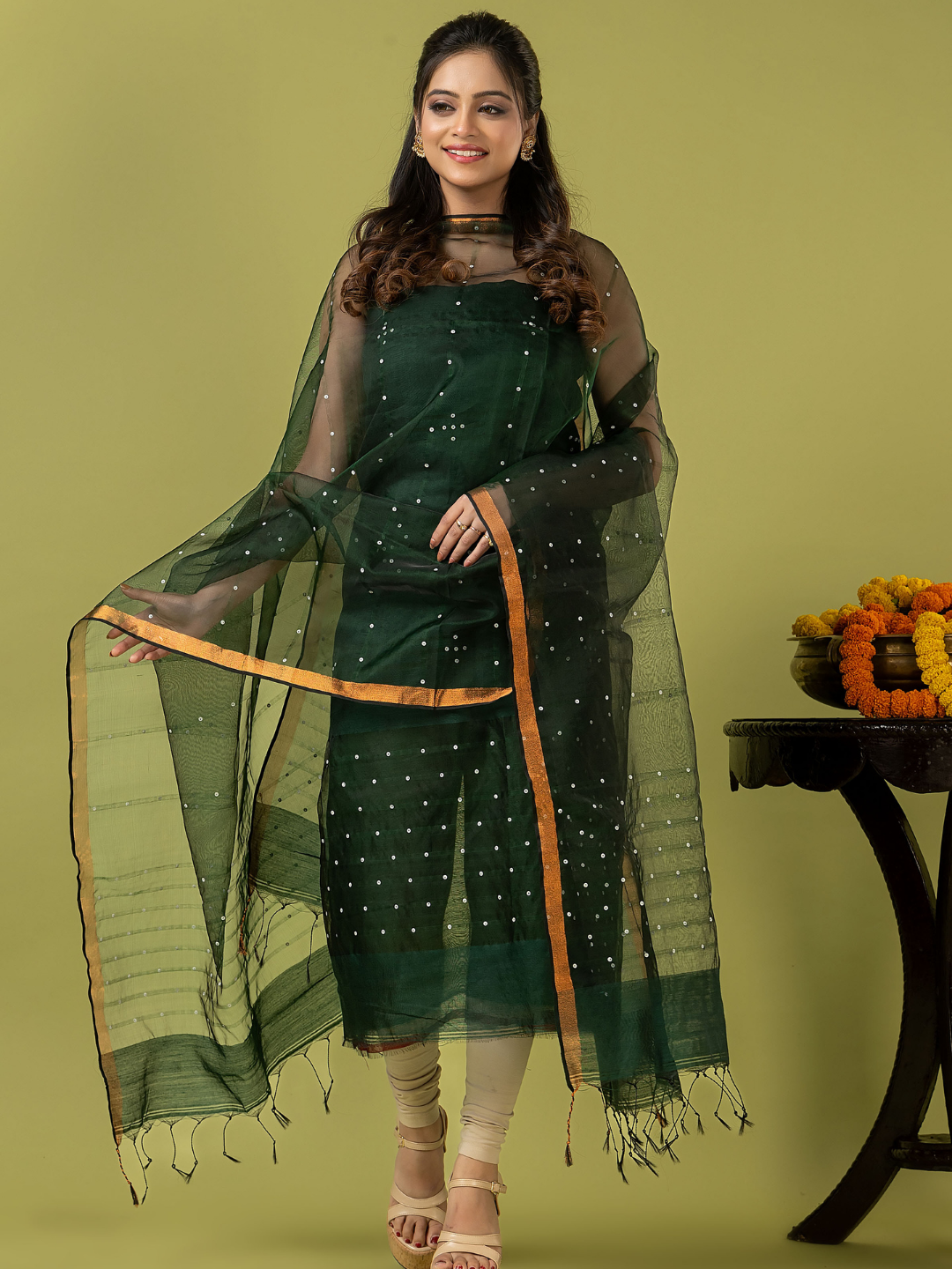 Handwoven Jamdani Muslin Unstitched 2-piece Kurti | Forest Green