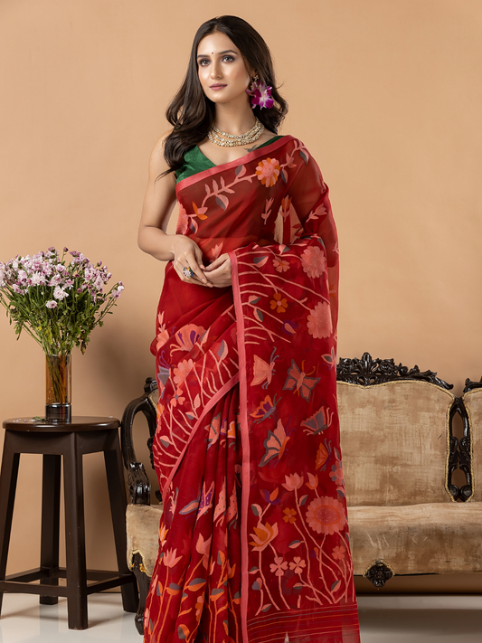 Handwoven Jamdani Muslin Silk Saree | Deep Red
