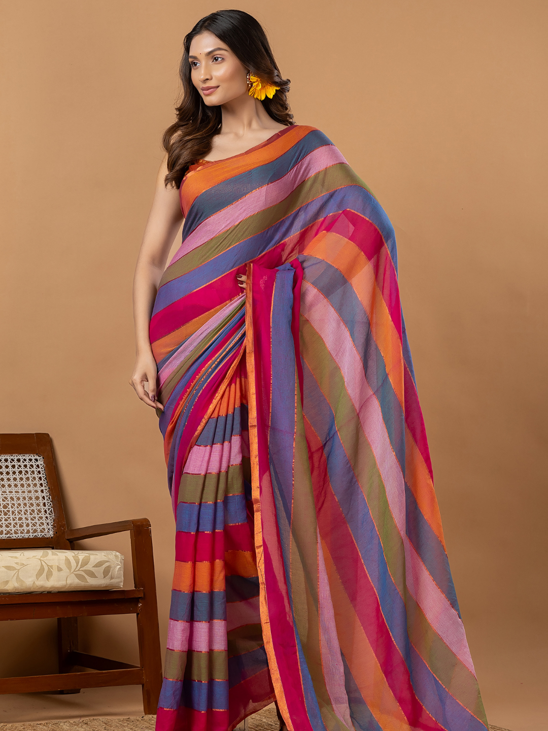Pure Handloom Mul Cotton Saree | Multicolour Stripes