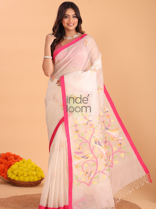 Jamdani Saree With Burgundy Beige Brown - 162