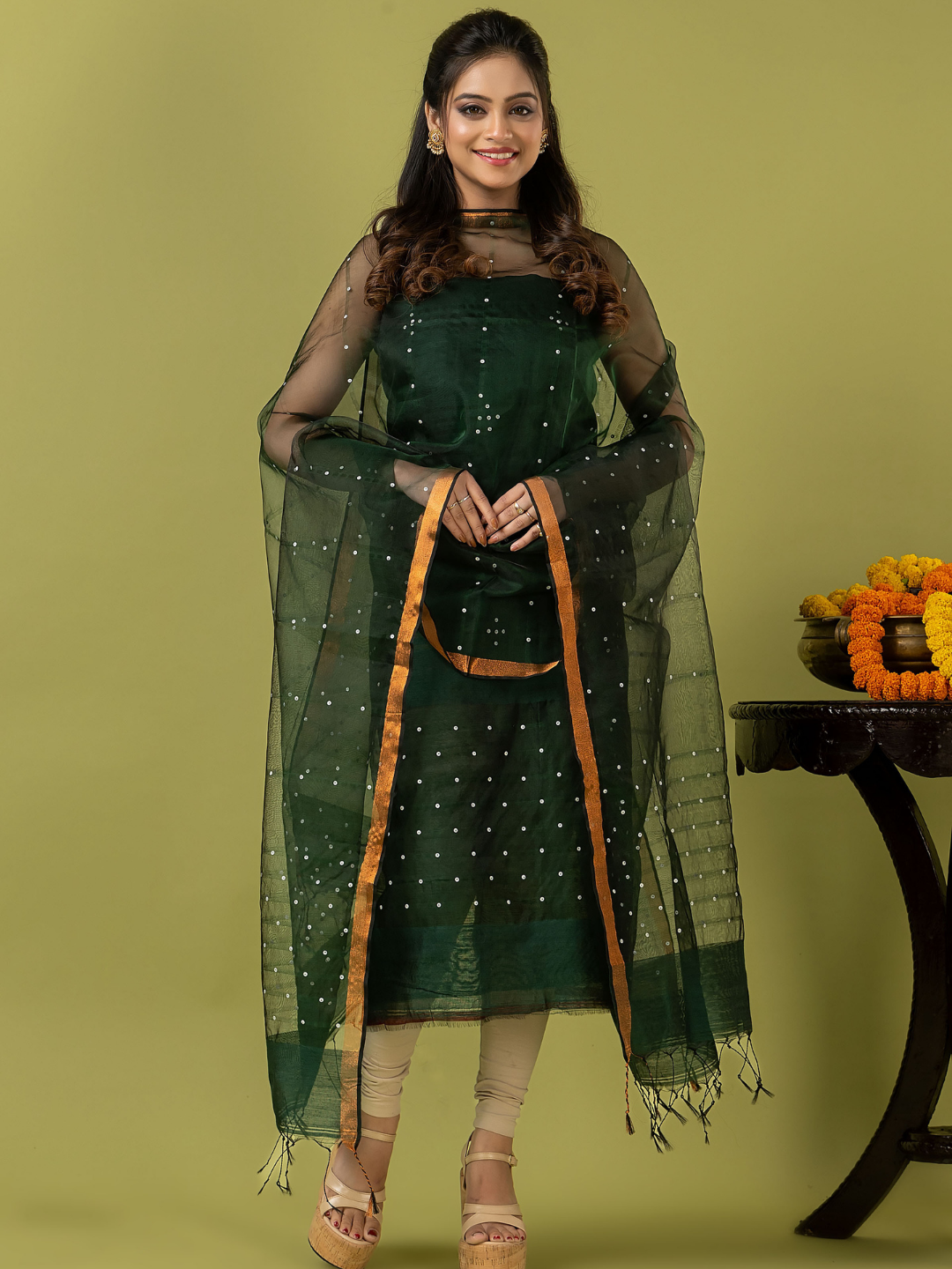 Handwoven Jamdani Muslin Unstitched 2-piece Kurti | Forest Green