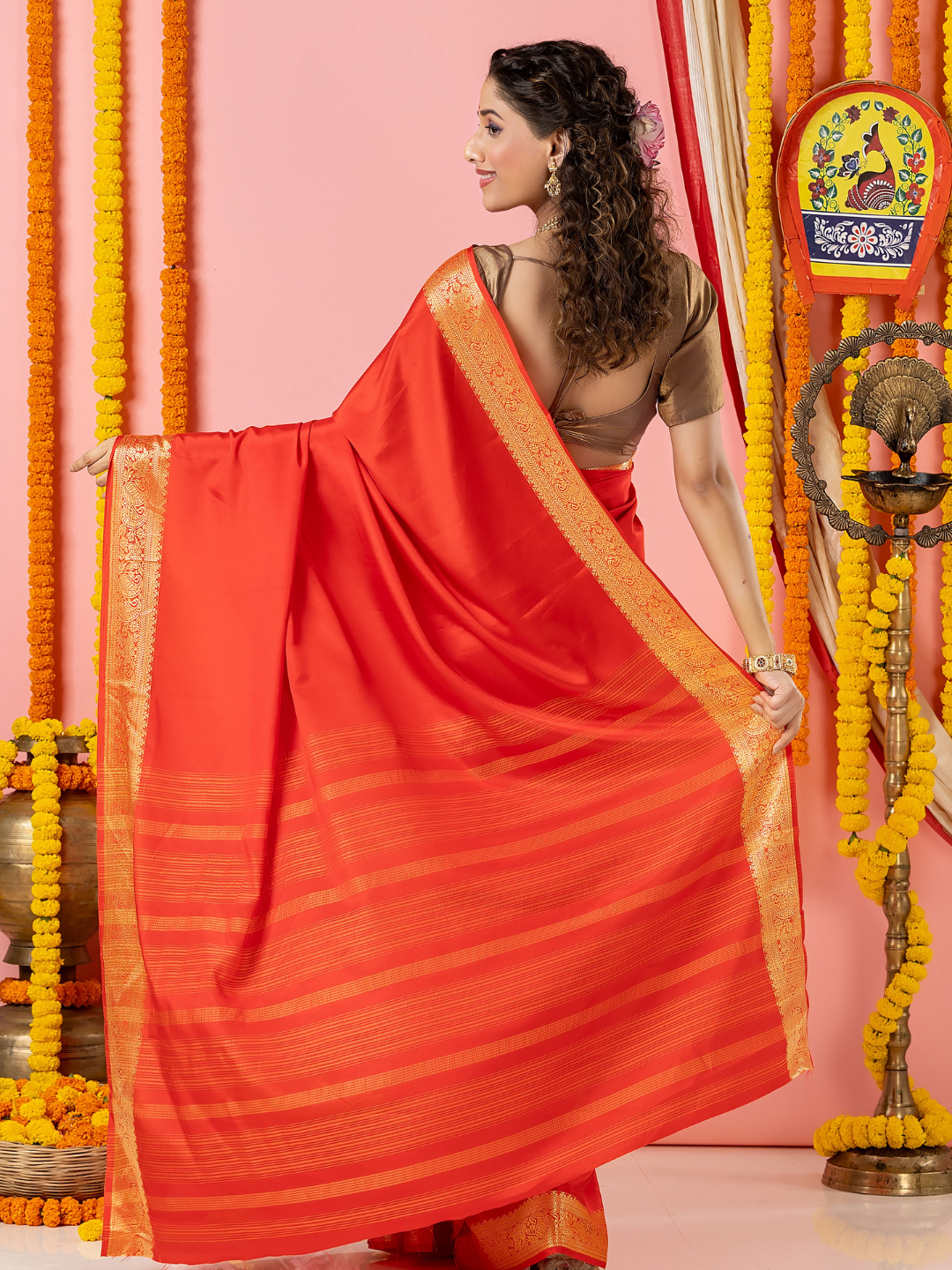 Classic Mysore Semi Silk Saree | Coral Orange