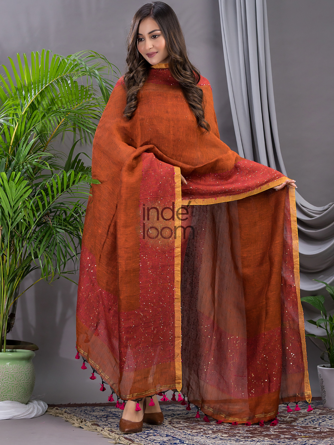 Ginger Orange Linen X Linen 2-Piece Set Kurti & Dupatta (UNSTITCHED) - 132