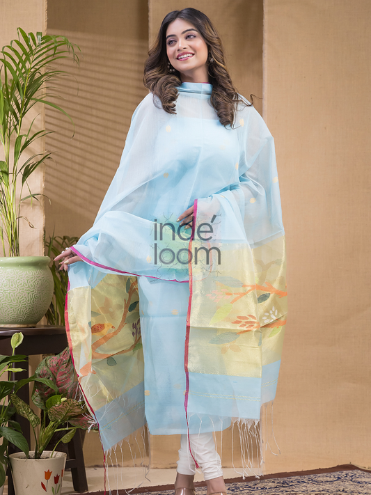 Light Blue Muslin Jamdani 2-Piece Set Kurti & Dupatta (UNSTITCHED) -650