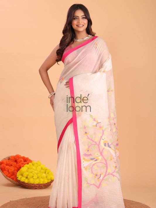 Jamdani Saree With Burgundy Beige Brown - 162
