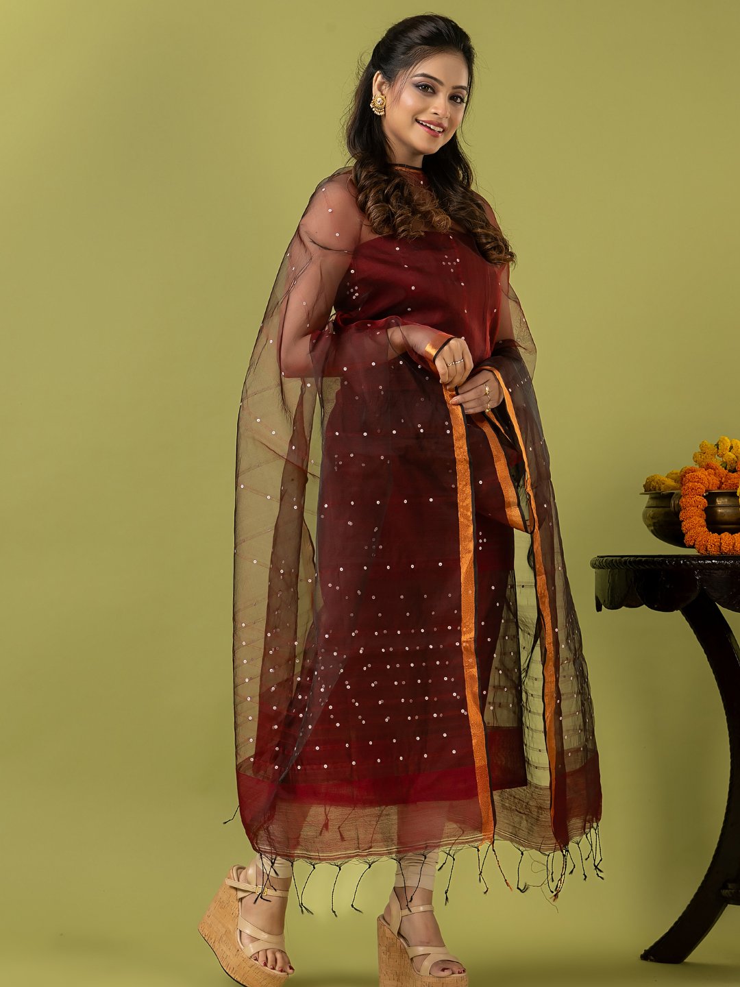 Handwoven Jamdani Muslin Unstitched 2-piece Kurti | Maroon Red