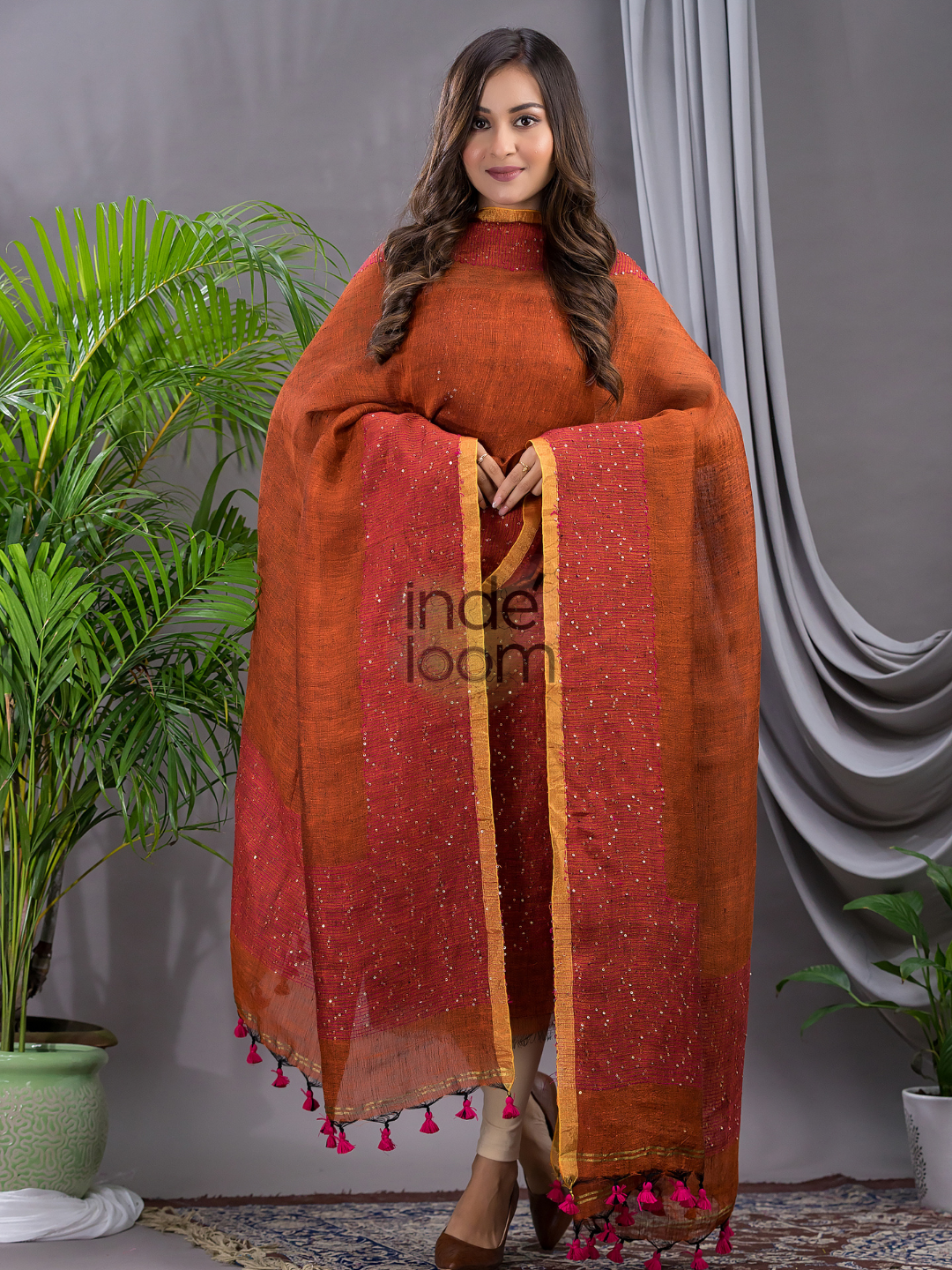 Ginger Orange Linen X Linen 2-Piece Set Kurti & Dupatta (UNSTITCHED) - 132