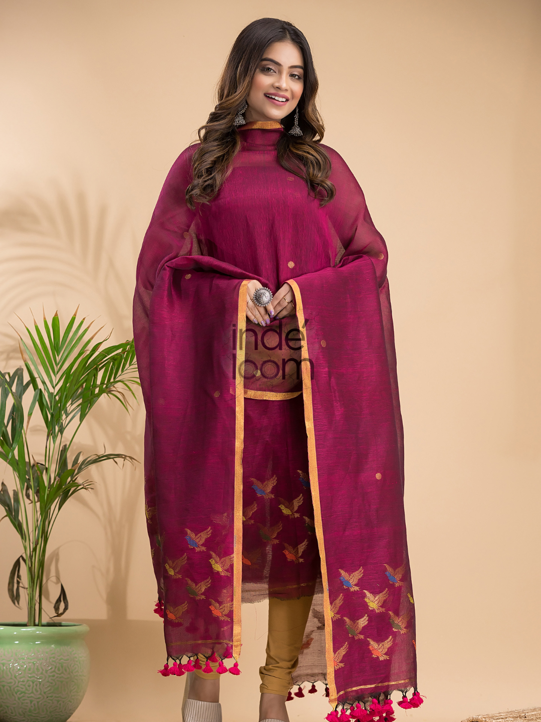Ruby Maroon | Handloom Jamdani Linen Unstitched 2-Piece Kurti