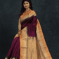 Pure Handloom Korvai Silk Cotton Saree in Deep Purple with Beige and Golden Orange with Temple border - 119