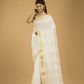 Linen Cotton Saree With Snow White and Yellow Border - 047 - indeloom