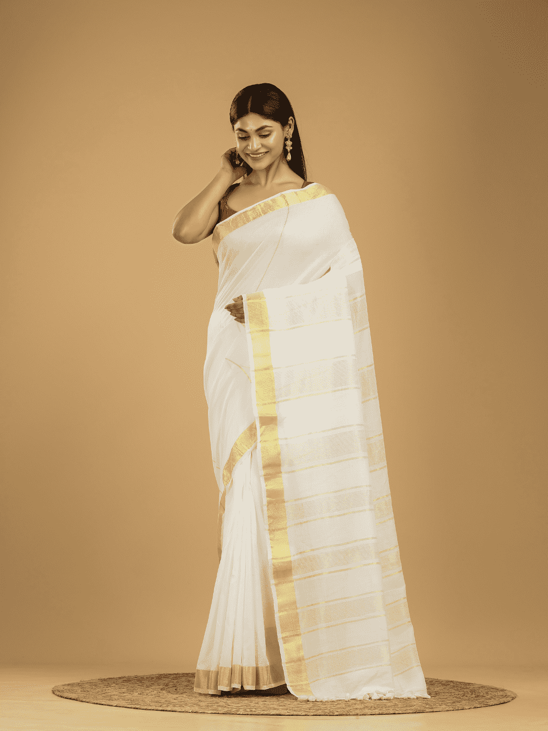 Linen Cotton Saree With Snow White and Yellow Border - 047 - indeloom