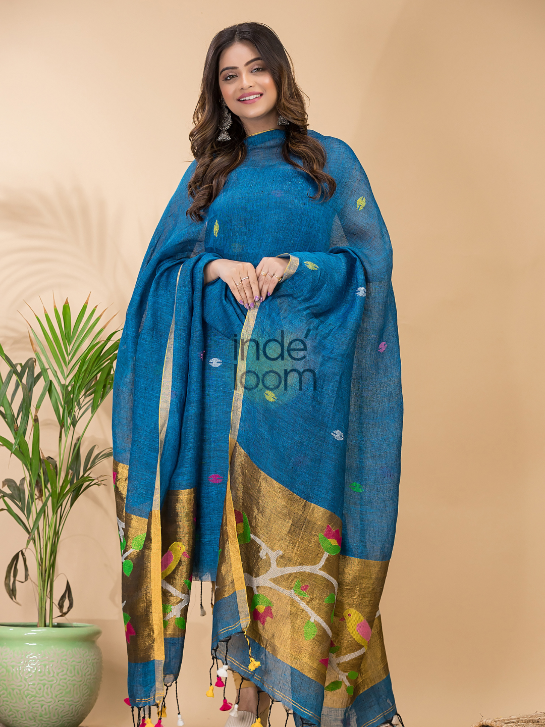 Classic Blue Linen X Linen 2-Piece Set Kurti & Dupatta (UNSTITCHED) - 074