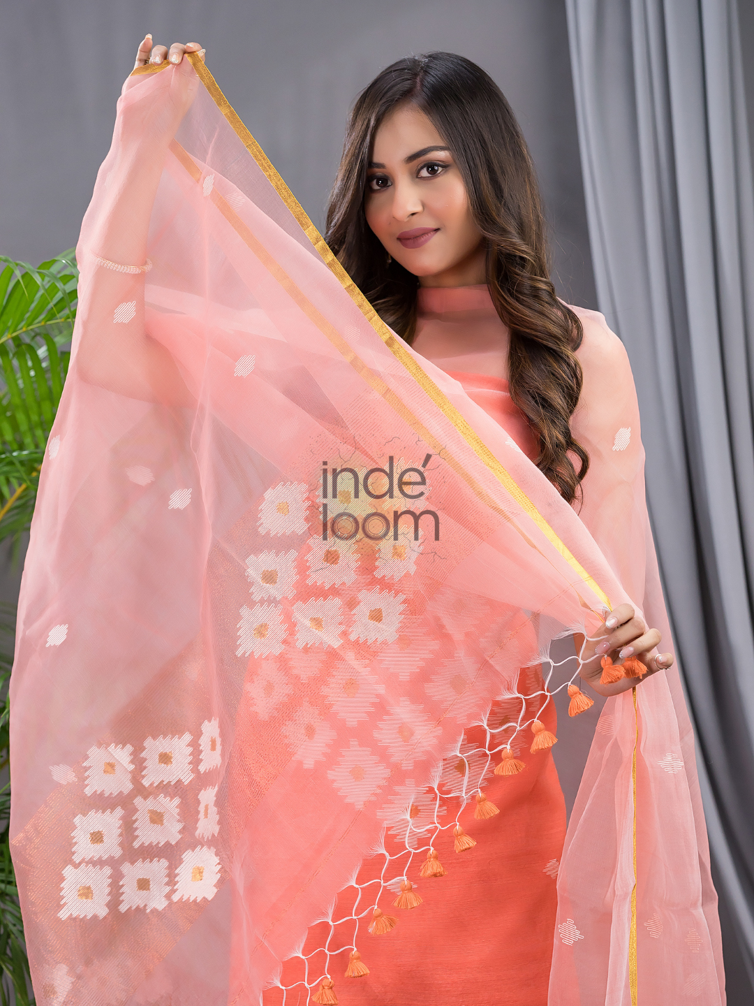 Coral Orange Matka Jamdani 2-Piece Set Kurti & Dupatta (UNSTITCHED) - 104