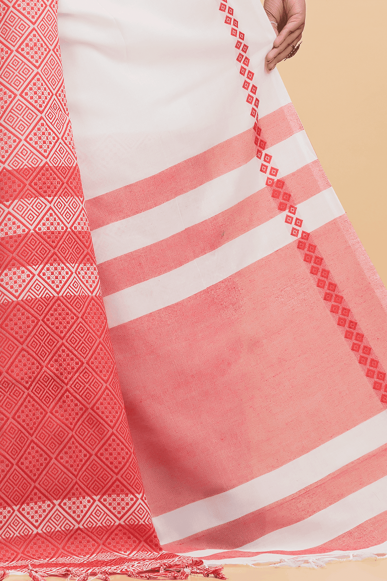 Dewali Saree Handloom Cotton in Red and White Border-003 - indeloom