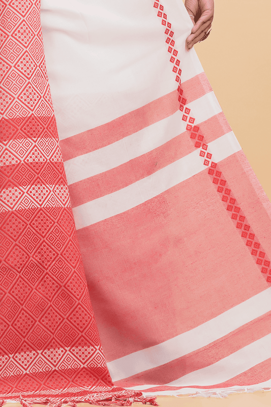 Dewali Saree Handloom Cotton in Red and White Border-003 - indeloom