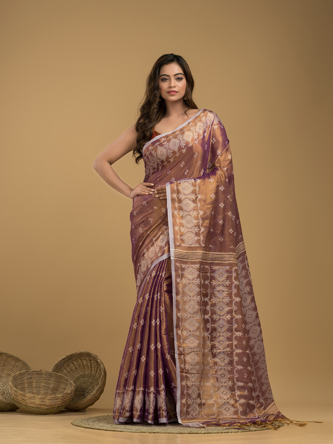 Tissue Silk Jamdani Saree Coffe Brown -044