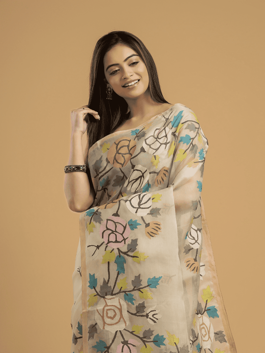 Handwoven Pure Jamdani Muslin Saree  |  Peach Orange