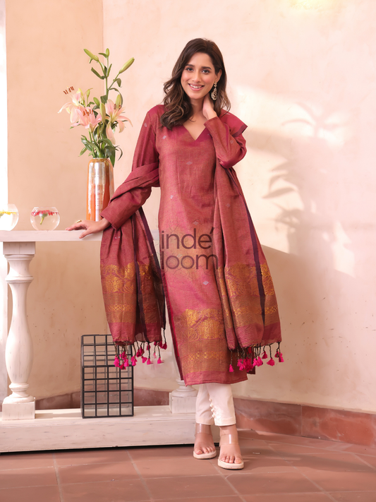 Handwoven Jamdani Cotton Linen Unstitched 2-piece Kurti  |  Wine Red
