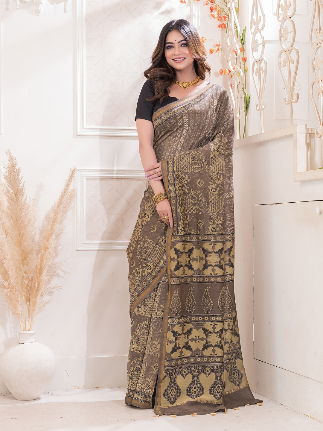 Ajrakh Exclusive Designer Modal Silk in Camel Brown - 050