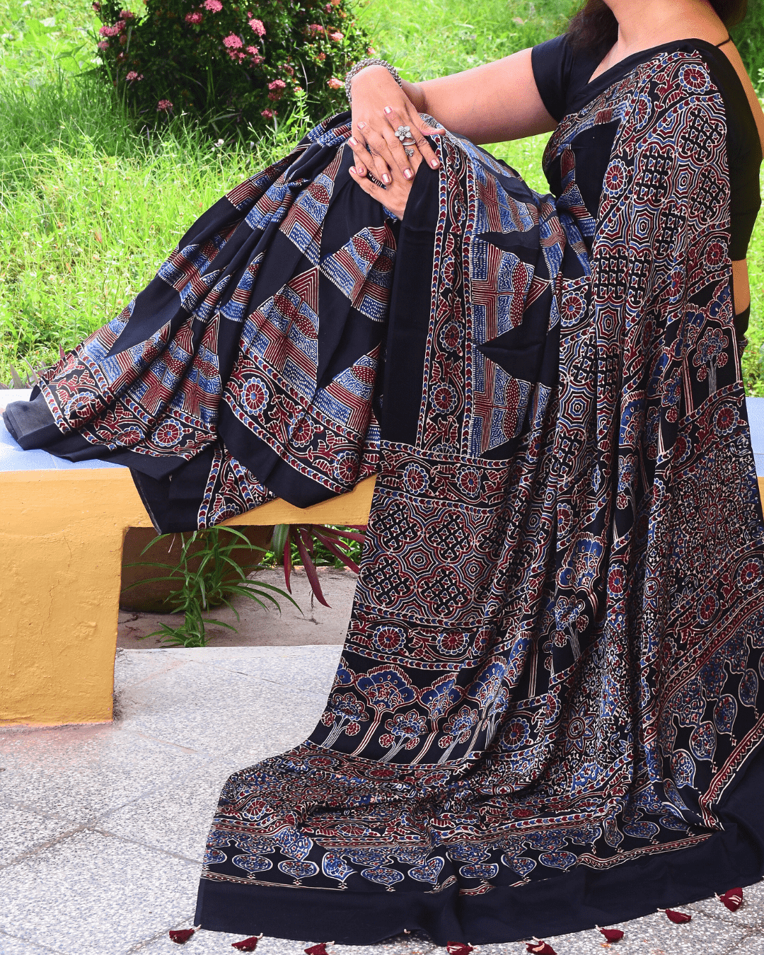 Ajrakh Exclusive Designer Modal Silk in Black, Blue and Maroon with Intricate Pattern - 032 - indeloom