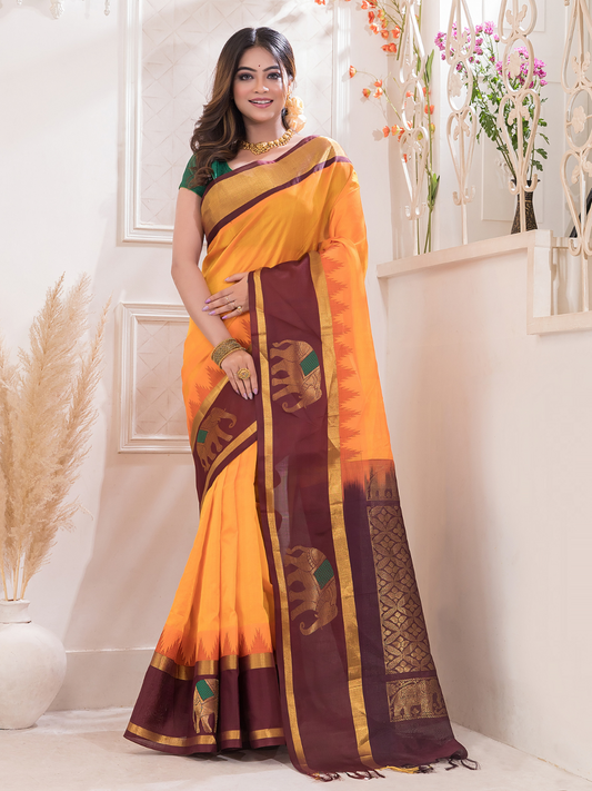 Pure Handloom Korvai Silk Cotton Saree in With Pumpkin Orange- 500
