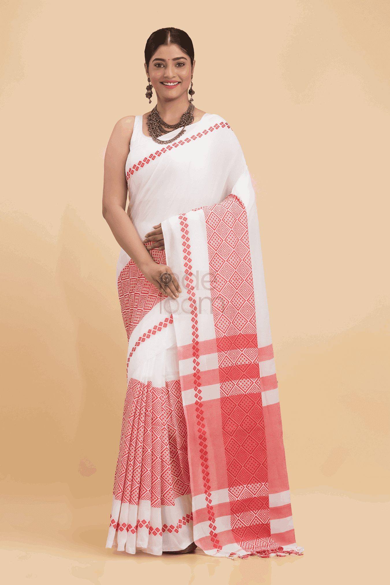 Dewali Saree Handloom Cotton in Red and White Border-003 - indeloom