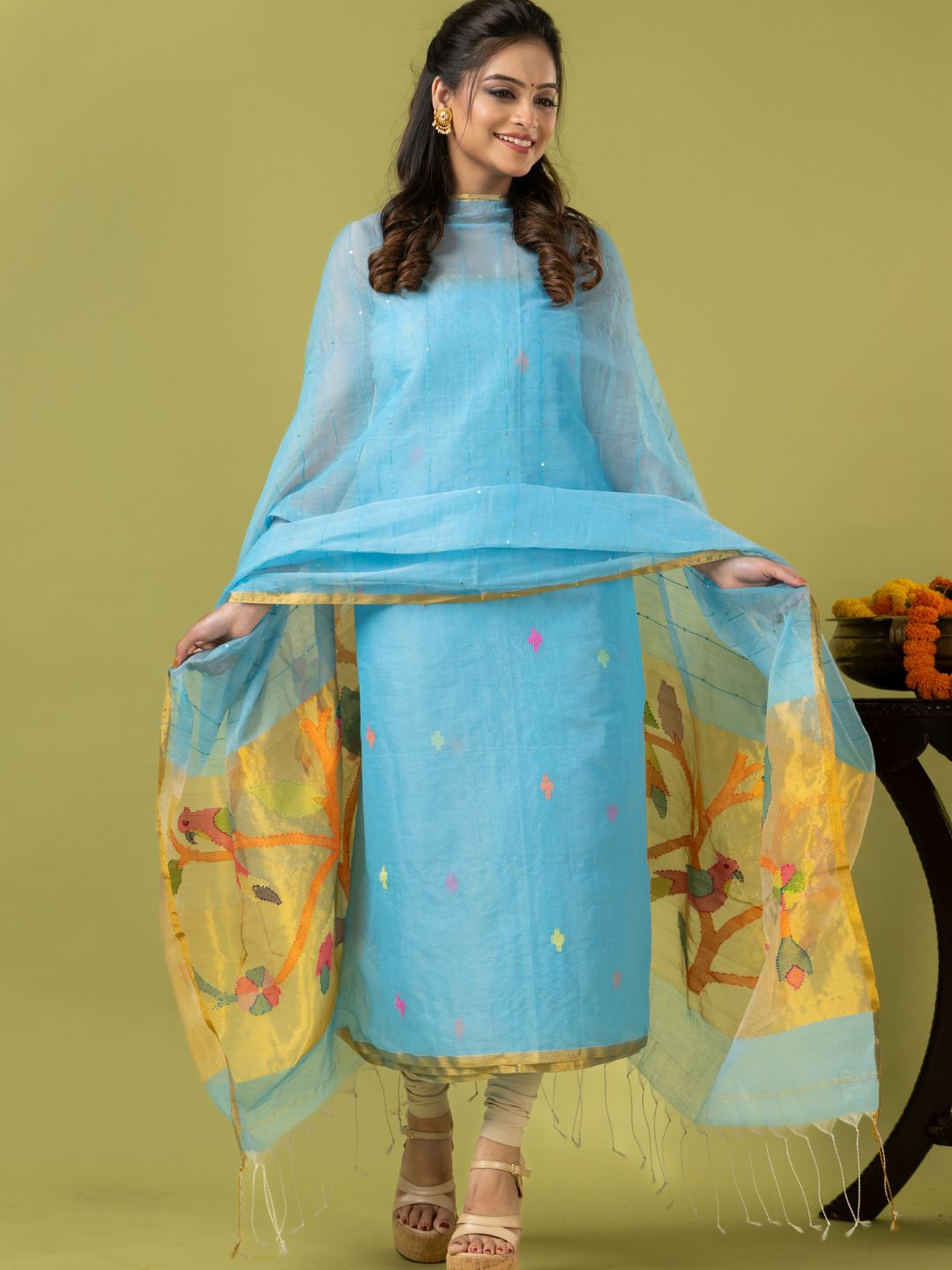 Handwoven Jamdani Muslin Unstitched 2-piece Kurti | Sky Blue