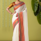 Pure Handloom Cotton Saree | White and Red | Plain Body with Ribbon border