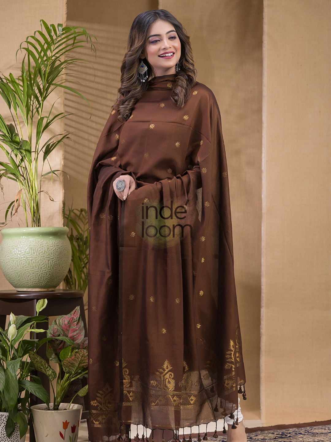 Copper Brown Natural Dye Cotton by Cotton (100 Count Soft Cotton) 2 Piece Set Kurti & Dupatta (UNSTITCHED) -651