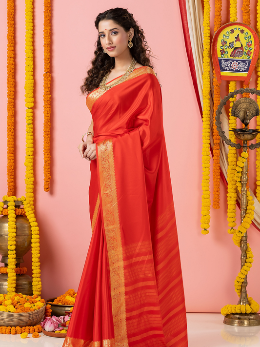 Classic Mysore Semi Silk Saree | Coral Orange