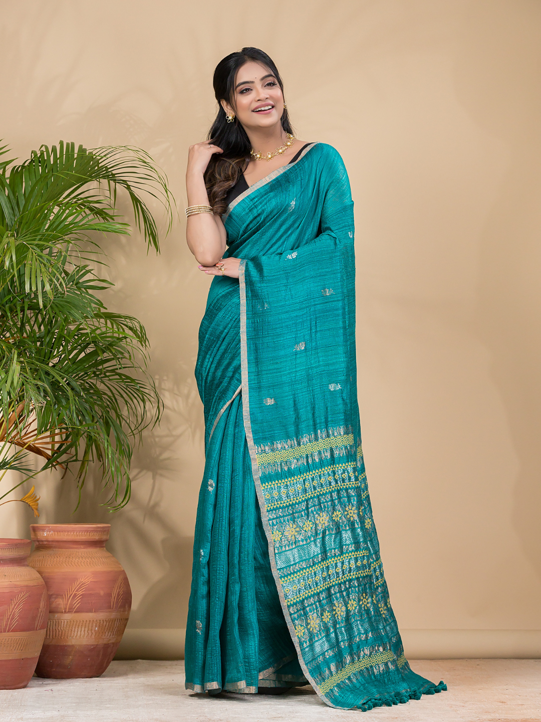 Matka Silk Jamdani Saree With Teal Green - 018