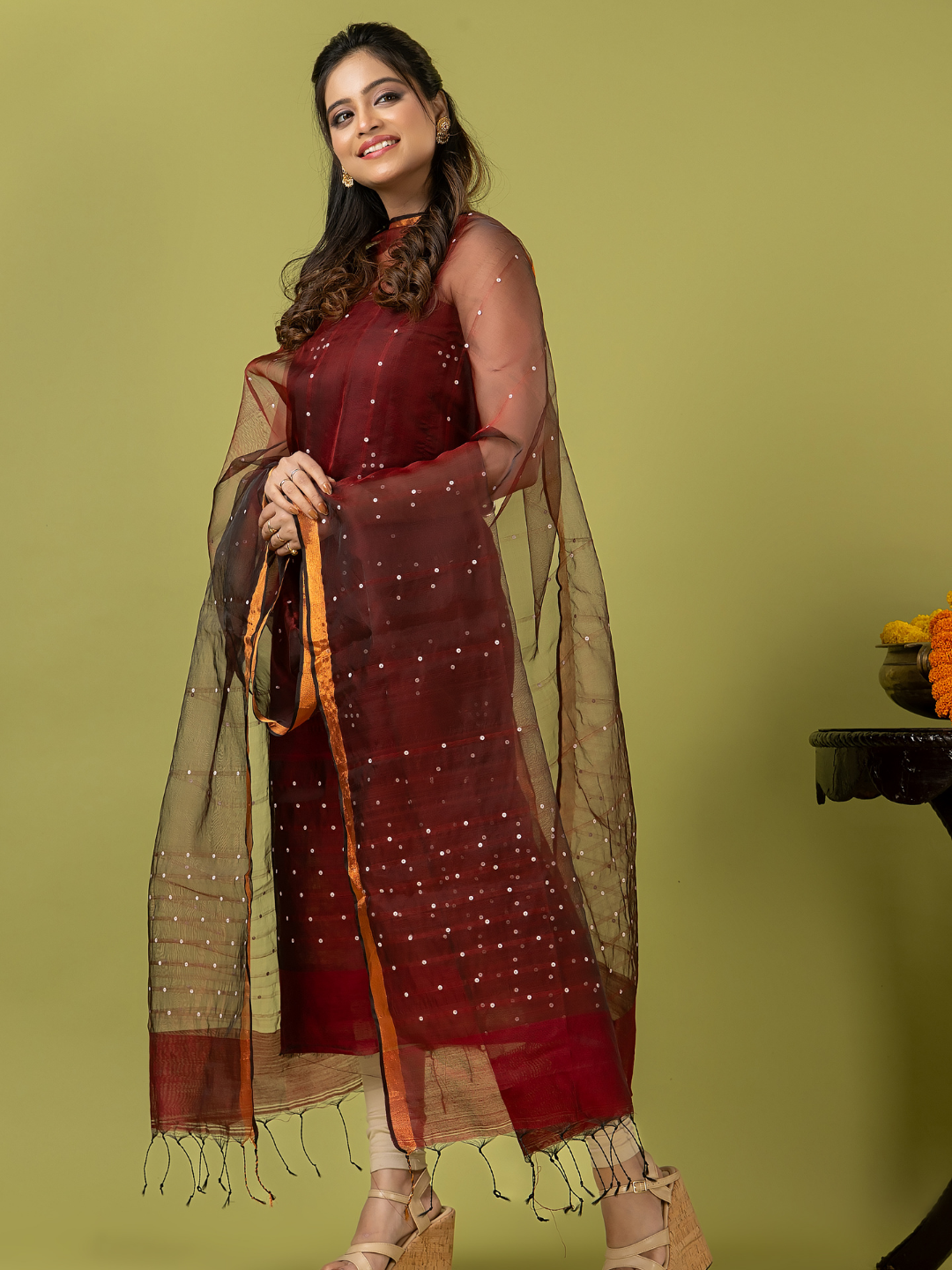 Handwoven Jamdani Muslin Unstitched 2-piece Kurti | Maroon Red
