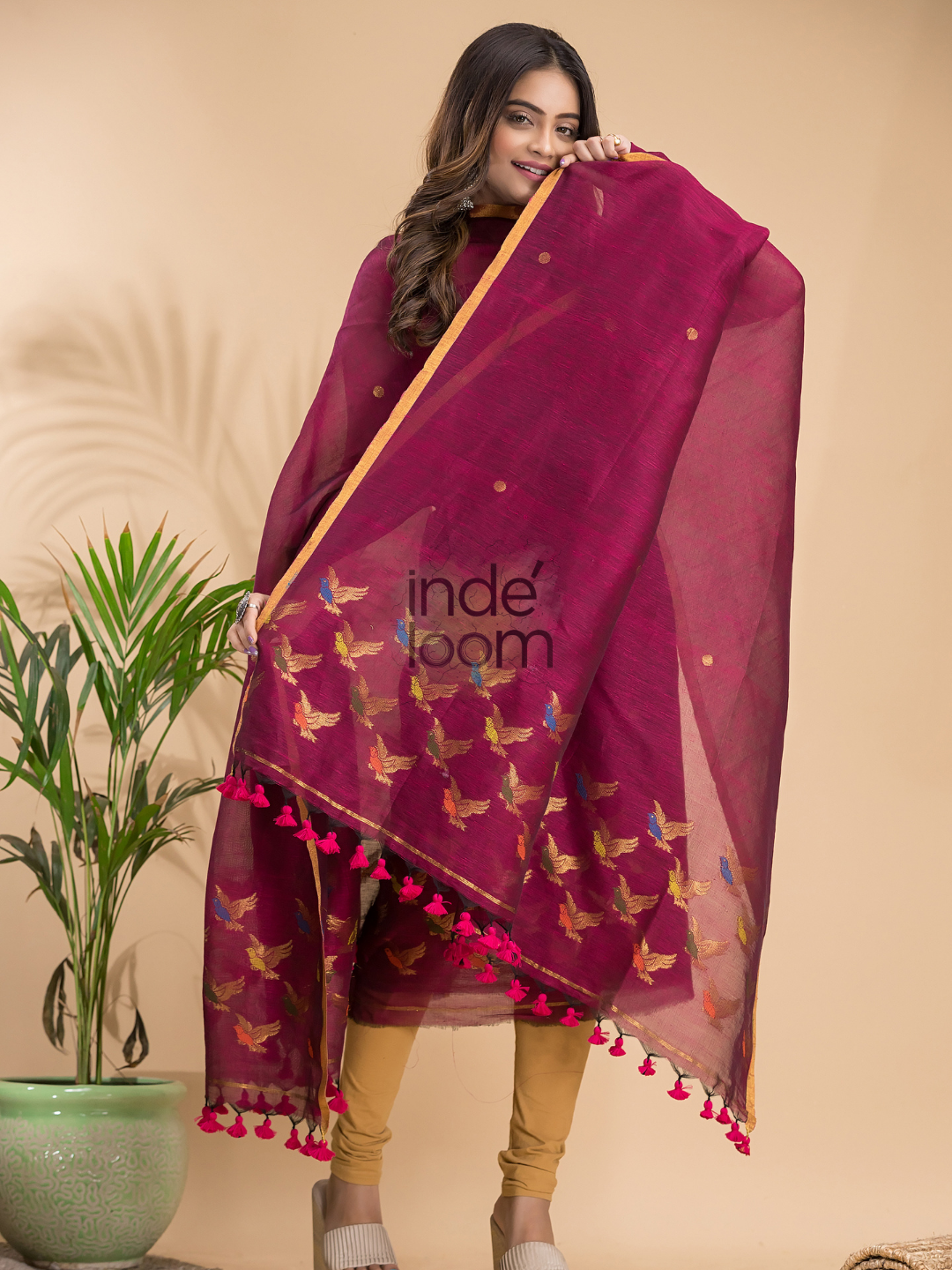 Ruby Maroon | Handloom Jamdani Linen Unstitched 2-Piece Kurti