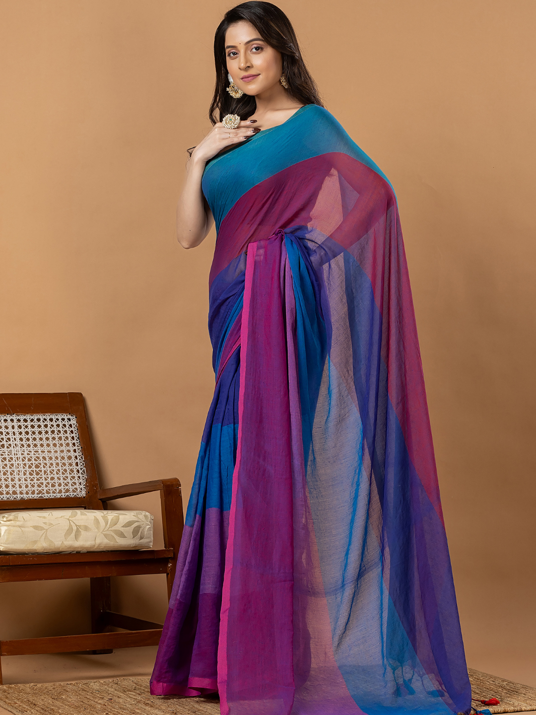 Pure Handloom Mul Cotton Saree | Teal Blue