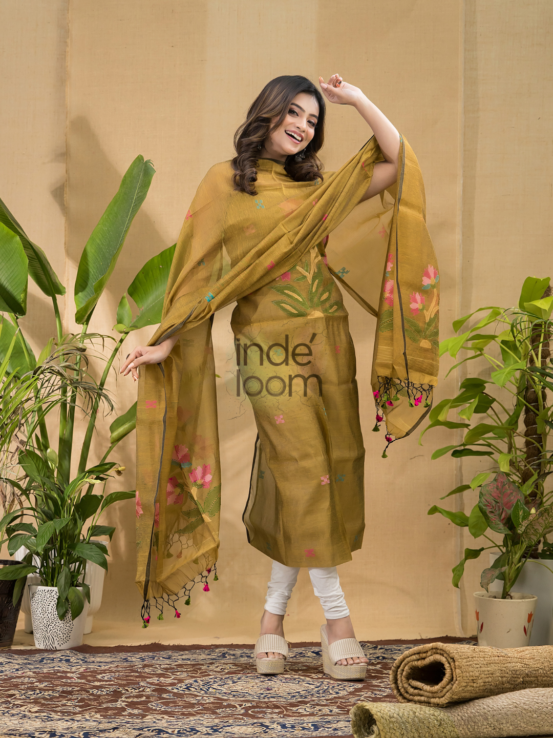 Gold Yellow  Jamdani 2-Piece Set Kurti & Dupatta (UNSTITCHED) -745