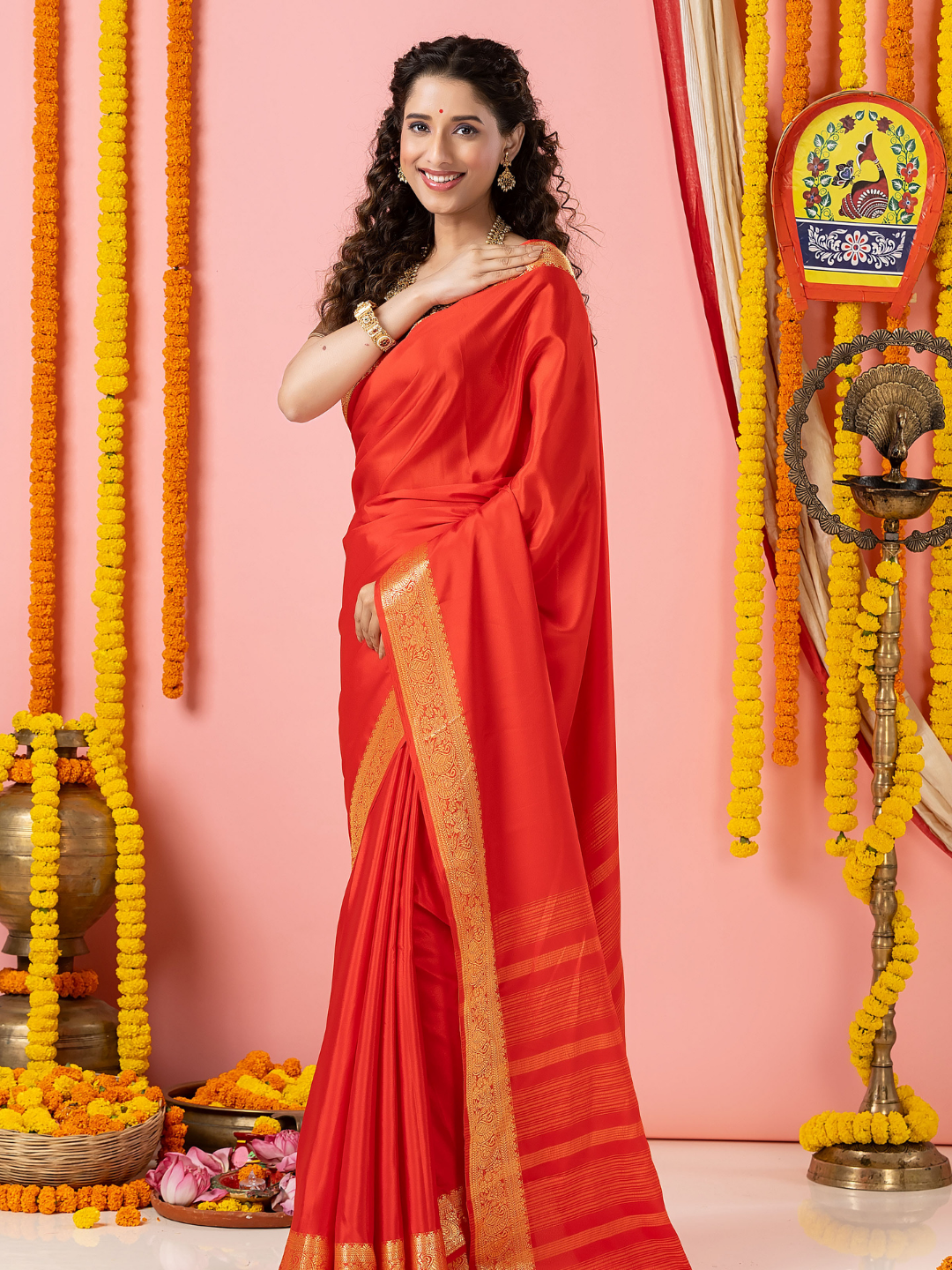 Classic Mysore Semi Silk Saree | Coral Orange