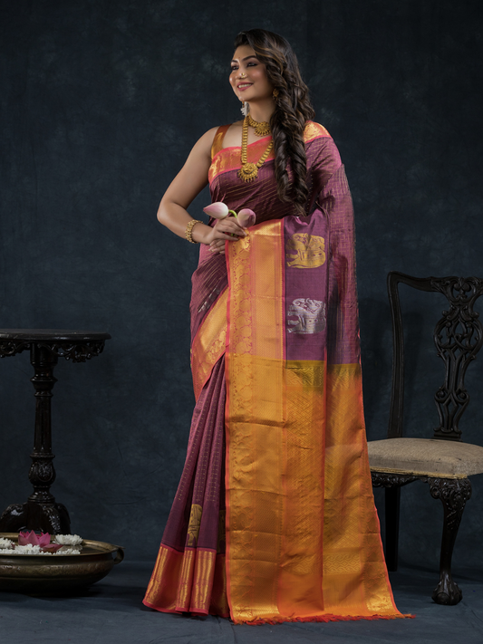 Pure Handloom Korvai Silk Cotton Saree In Blood Red Golden Border  -177