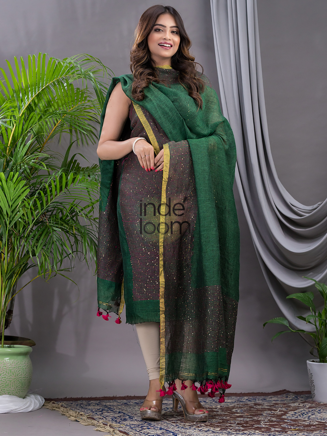 Pine Green Linen X Linen 2-Piece Set Kurti & Dupatta (UNSTITCHED) - 133