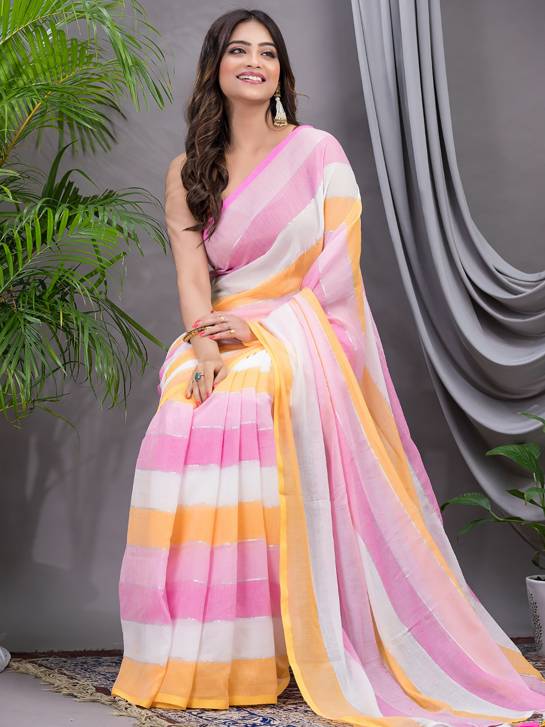 Handloom Mul Cotton Saree With Baby Pink - 003