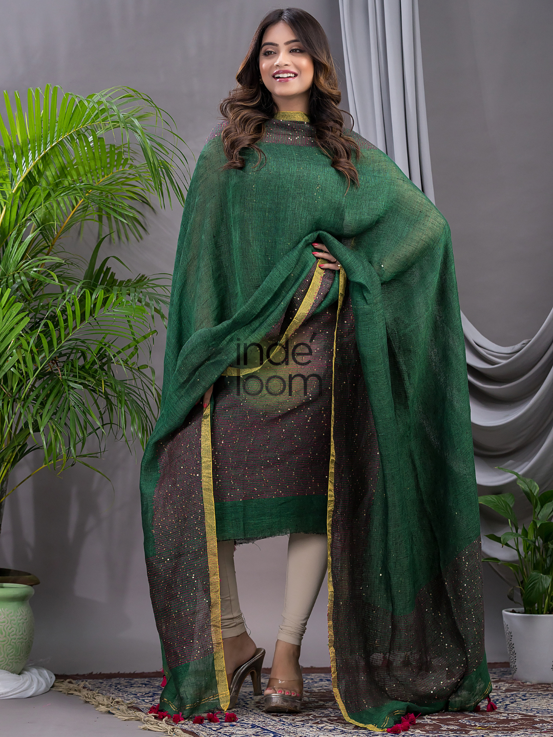 Pine Green Linen X Linen 2-Piece Set Kurti & Dupatta (UNSTITCHED) - 133
