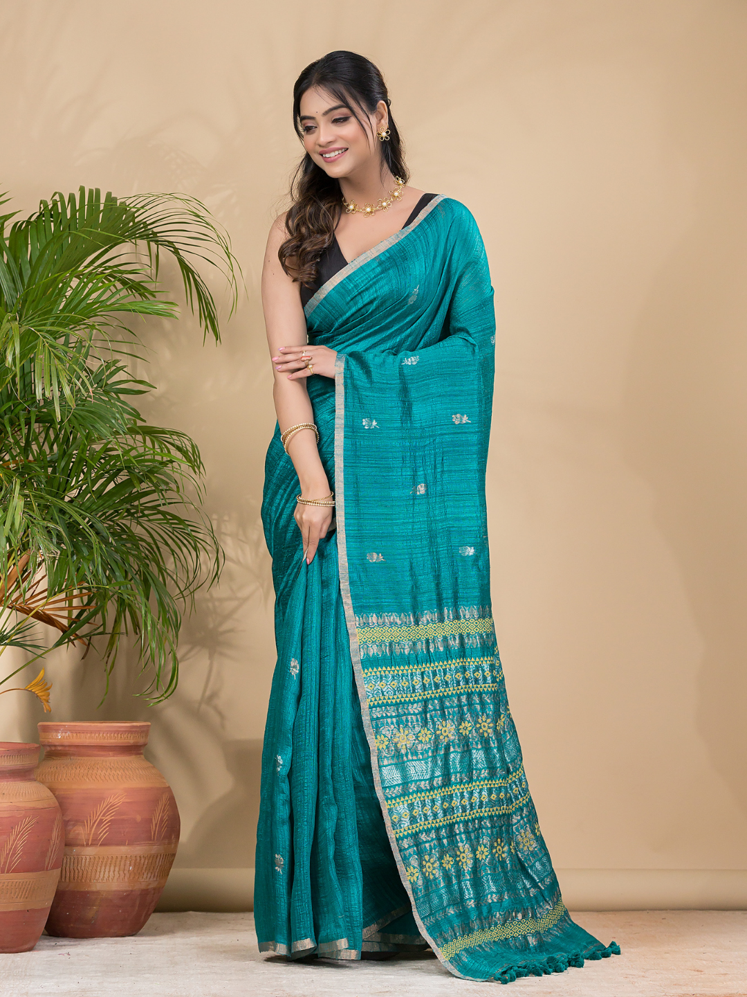 Matka Silk Jamdani Saree With Teal Green - 018