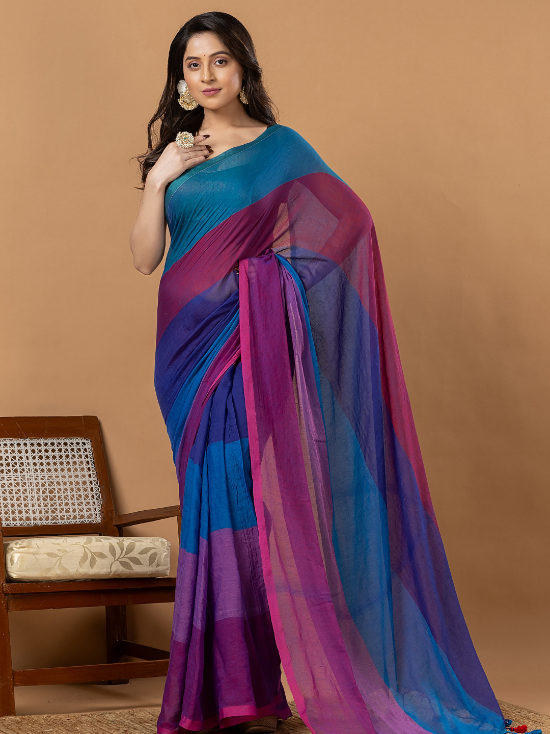 Pure Handloom Mul Cotton Saree | Teal Blue