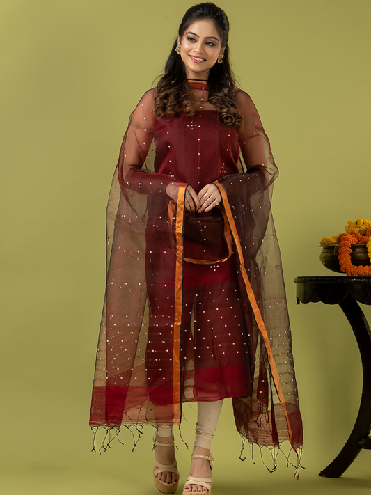 Handwoven Jamdani Muslin Unstitched 2-piece Kurti | Maroon Red