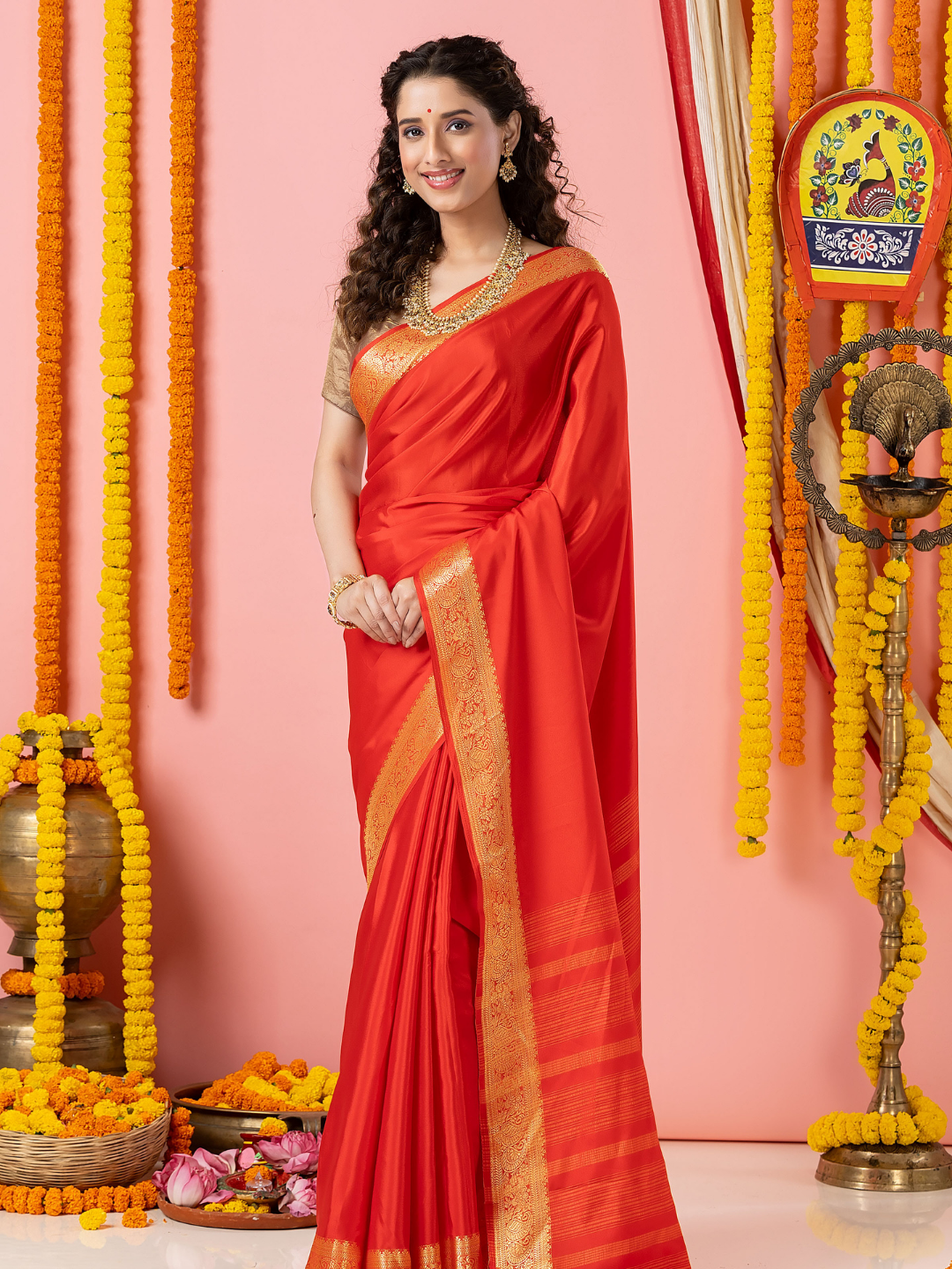 Classic Mysore Semi Silk Saree | Coral Orange