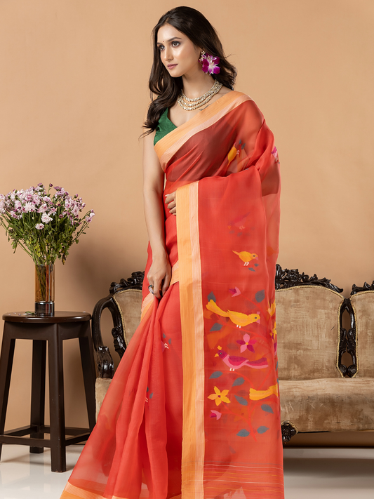 Handwoven Jamdani Muslin Silk Saree | Coral Orange