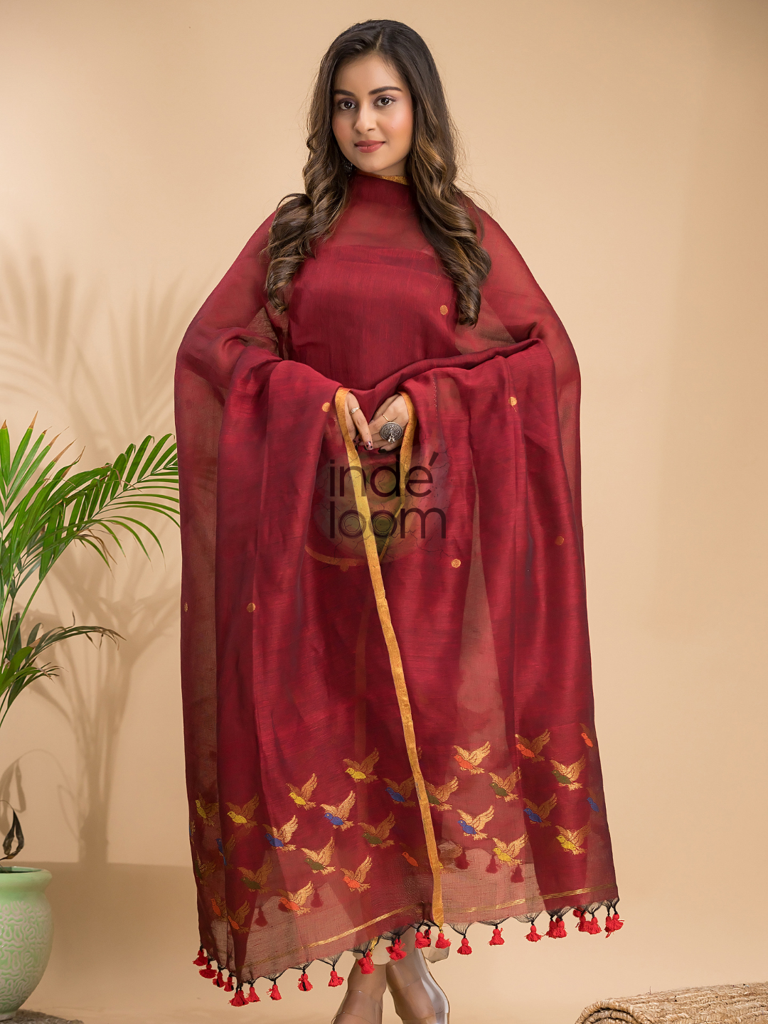 Dark Ruby | Handloom Jamdani Linen Unstitched 2-Piece Kurti