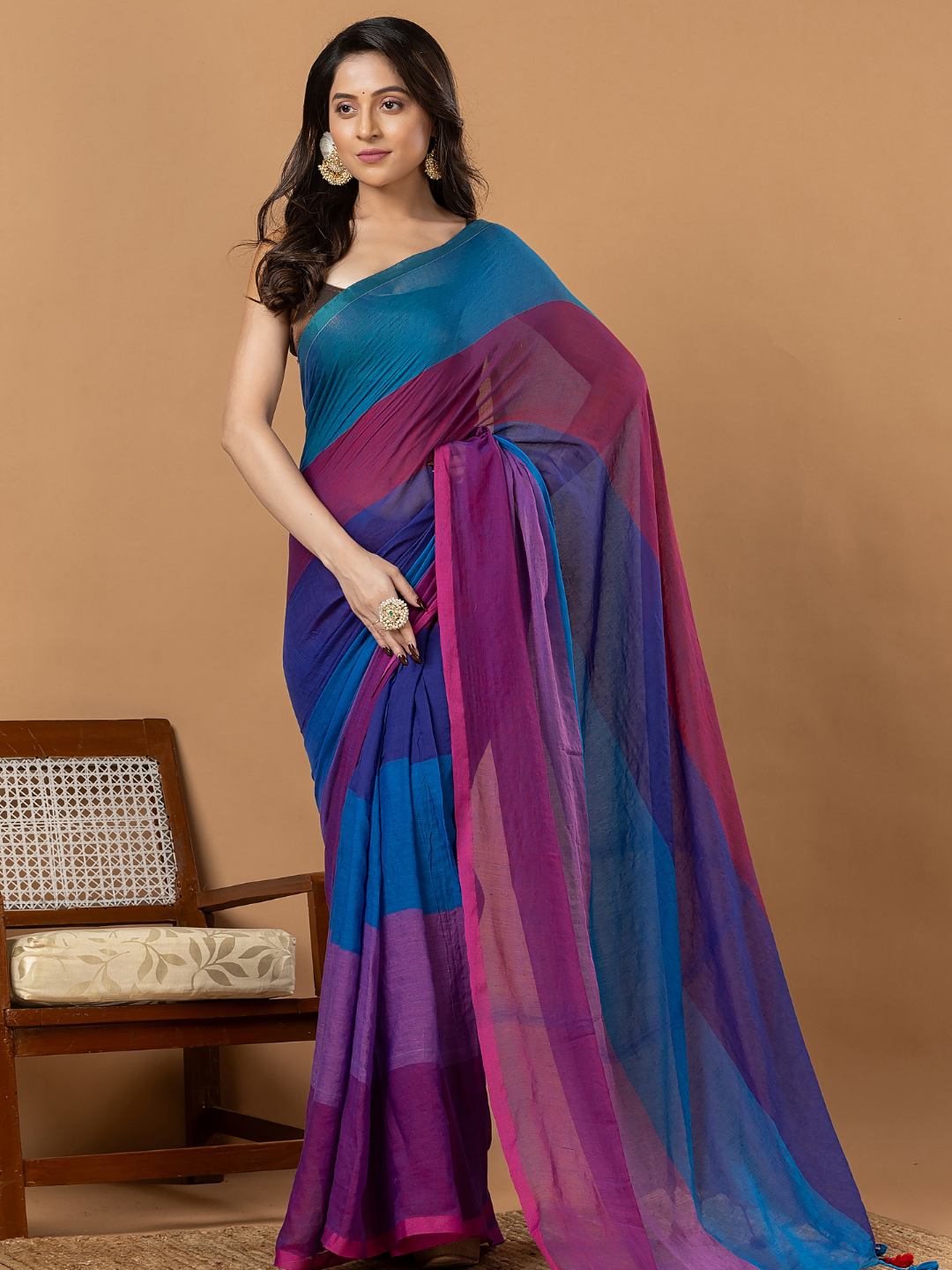 Pure Handloom Mul Cotton Saree | Teal Blue