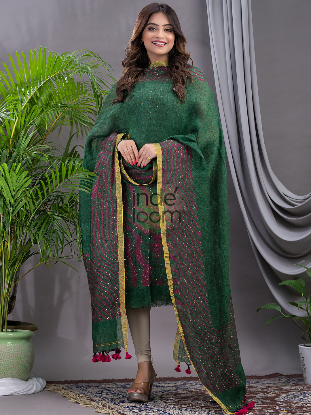 Pine Green Linen X Linen 2-Piece Set Kurti & Dupatta (UNSTITCHED) - 133
