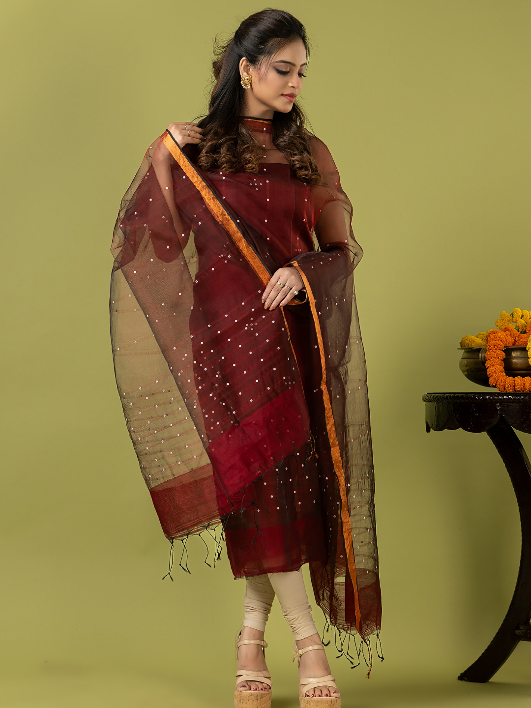 Handwoven Jamdani Muslin Unstitched 2-piece Kurti | Maroon Red
