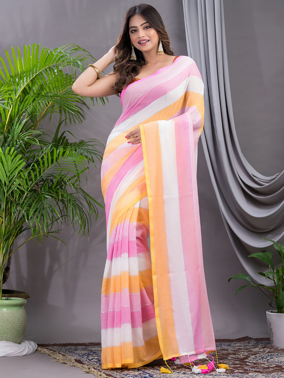 Handloom Mul Cotton Saree With Baby Pink - 003